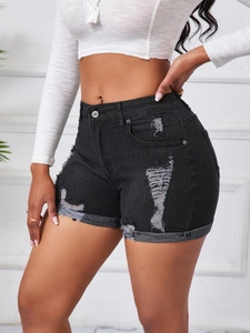 Damen High Waist Denim Shorts in Schwarz mit Rissen, Rollsaum und seitlicher Passform