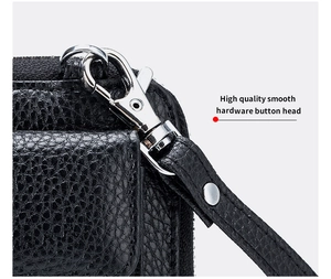 Close-up of high quality silver metal hardware and lychee grain leather on black crossbody bag
