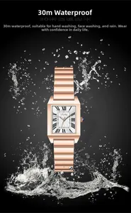 Detail showing 30M waterproof feature of rose gold rectangle watch with water splash