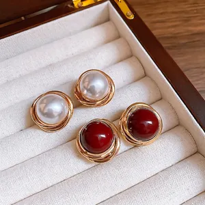 Retro Round Faux Artificial Pearl Stud Earrings Gold Wire Wound 925 Sterling Silver Earring Post Vintage French Elegant Women