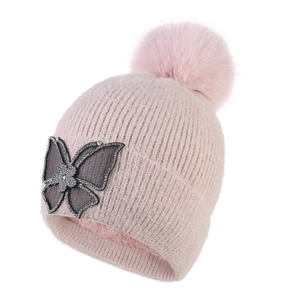 Pink winter knit beanie for women with pompom, rhinestone butterfly and warm fleece lining