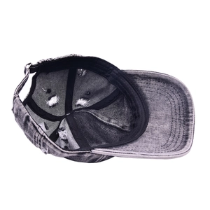 Distressed dark grey washed denim baseball cap with vintage ripped details and metal buckle