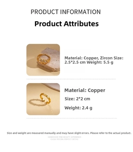 Detail view of 24k gold plated gourd rings with zircon inlay and product specifications