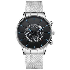 Detail of silver mesh band watch with black dial and luminous blue hour markers