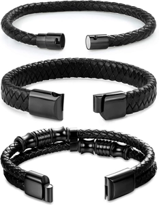 Three men's black braided leather bracelets with secure black magnetic clasps