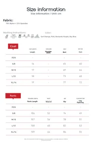 Detailed size chart for women yoga sets including bra and leggings measurements and fabric info