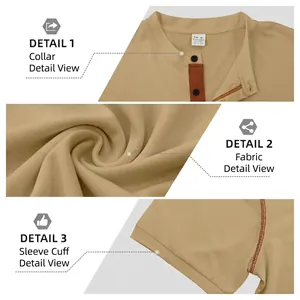 Men's tan short sleeve Henley polo shirt with button collar and textured knit fabric