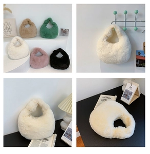 Detailed collection of plush hobo bags in beige, brown, green, pink, and black colors