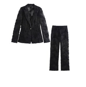 Détail de blazer et pantalon noirs semi-transparents avec texture de dentelle florale sur blanc