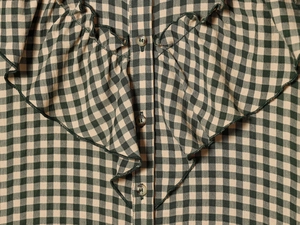 Detail of green and white plaid shirt showing ruffle collar and tortoiseshell buttons