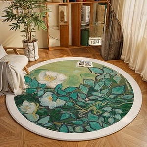 Detail of round living room rug featuring vintage floral oil painting style and cream border