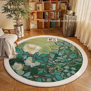 Round Area Rug Cotton And Polyester Non-Slip Waterproof Antibacterial Vintage Artistic Oil Painting Floral Home Decor