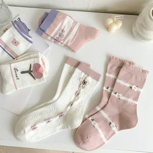 Close-up of sweet pastel cotton socks with tulip embroidery and floral knit details