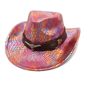 Detail of colorful snakeskin cowboy hat with brown leather band and bull head metal buckle
