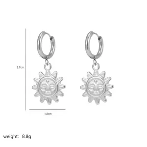 Stainless steel sun charm hoop earrings with face design, measuring 3.7cm x 1.8cm