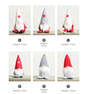 Detail view of six unique Christmas gnome plush figurines with knit hats and faux fur