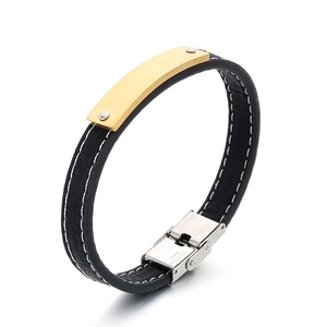 Men's black leather bracelet with white stitching and gold stainless steel plate