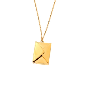 Polished gold envelope pendant necklace with delicate chain on a clean white background