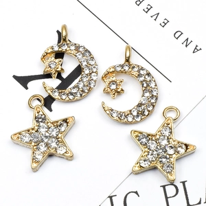 Golden crescent moon and star alloy pendants with sparkling clear cubic zirconia