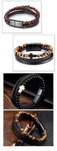 Detail of layered leather bracelet with natural tiger eye beads and steel cross clasp