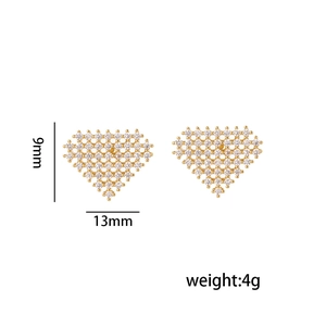Minimalist heart-shaped gold studs with sparkling cubic zirconia stones 9x13mm
