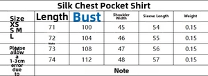 Size chart for women's long sleeve silk shirt featuring length and bust measurements