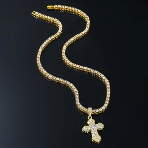 Men's hip hop gold-plated cross pendant necklace with sparkling crystal tennis chain
