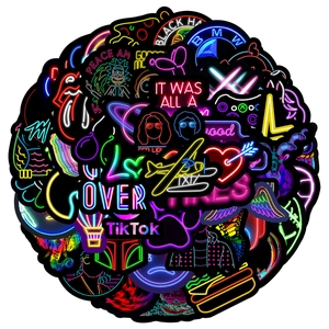 Detail showing various waterproof neon graffiti stickers for laptops and phone cases