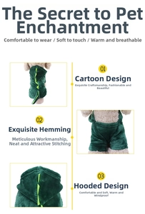 Detail view of green dinosaur pet hoodie showing soft flannel fabric and stitching