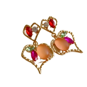 Luxury heart-shaped gold drop earrings with multi-colored crystals in vintage court style