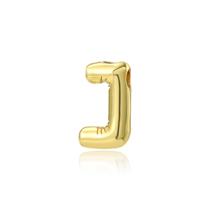 Detail of a 18K gold plated puffy balloon J letter pendant with a glossy polished finish