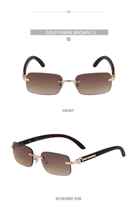 Detail of rimless rectangle sunglasses with gold hinges and wood grain temples