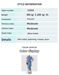 Detail view of denim midi dress specifications including shirt collar and polyester fabric
