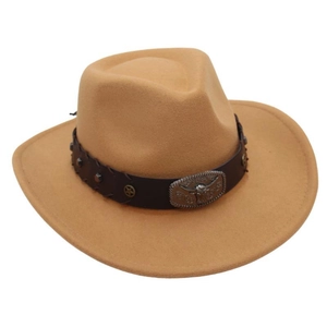 Detail of camel wool felt cowboy hat with leather band and metal bull head buckle