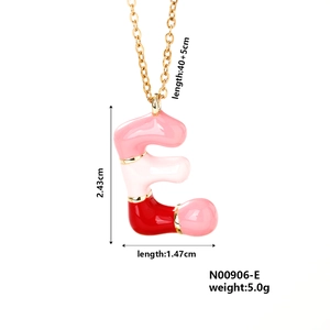 Detailed dimensions of letter E pendant with pink and red enamel on a gold chain