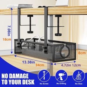 Detail of black metal mesh under-desk cable tray with screw clamp and mesh storage basket