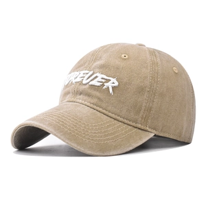 Detail of khaki washed cotton baseball cap featuring bold white Forever embroidery