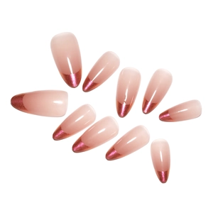 French rose red press-on nails with almond shape and metallic finish, 10 pieces set