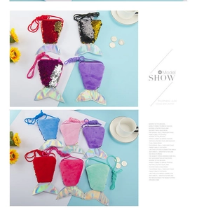 Detailed view of sequined mermaid tail mini crossbody bags for kids in various colors