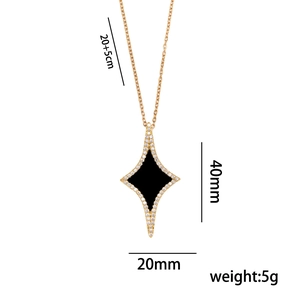 Fashion gold rhombus star pendant necklace with black enamel inlay and crystals