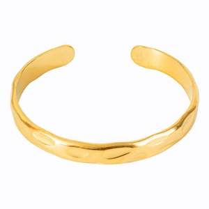 18k gold plated stainless steel open bangle with irregular hammered texture on white background