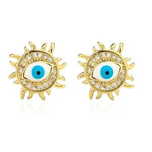 Pair of 18K gold plated evil eye stud earrings with blue enamel and zircon stones