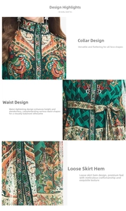 Detailansicht von Stehkragen, Taillenband und Paisley-Muster am grünen Kleid