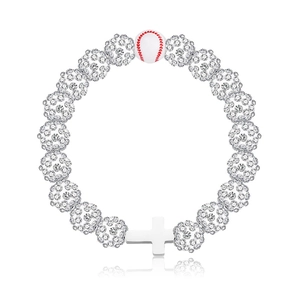 Detail of baseball charm and crystal cross pendant on sparkling rhinestone hip hop bracelet