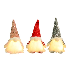 Three sequined Christmas gnomes with LED lights in pink, red, and grey holiday colors