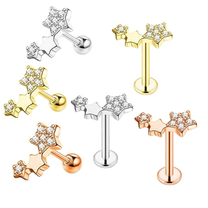 Triple Star Stainless Steel Labret Studs Rhinestone Ear Cartilage Piercing Jewelry Shiny Celestial Style For Women Men