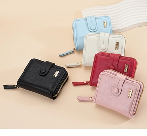 Portafogli corti in pelle PU con trama a litchi nei colori nero, rosa, rosso, bianco e blu
