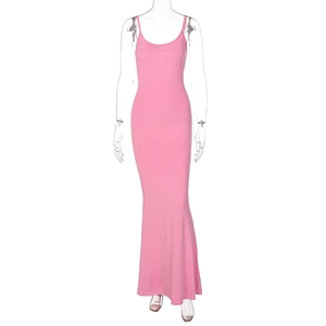 Detailed back view of pink slim fit maxi dress with elegant floor-length hem on mannequin