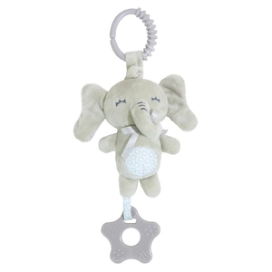 Gray plush elephant infant toy with blue polka dot belly and star-shaped teether ring