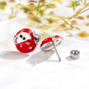 Cute red apple stud earrings with black stones and screw back design in titanium steel